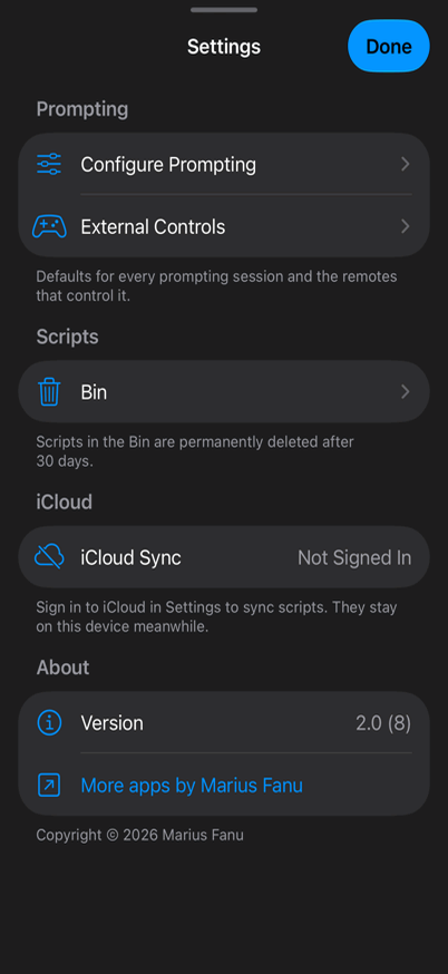 Promptly Settings with iCloud Sync and no Promptly account
